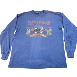 Vintage 90s Harley-Davidson Long Sleeve Shirt Motorcycle Graphic Blue Size XL
